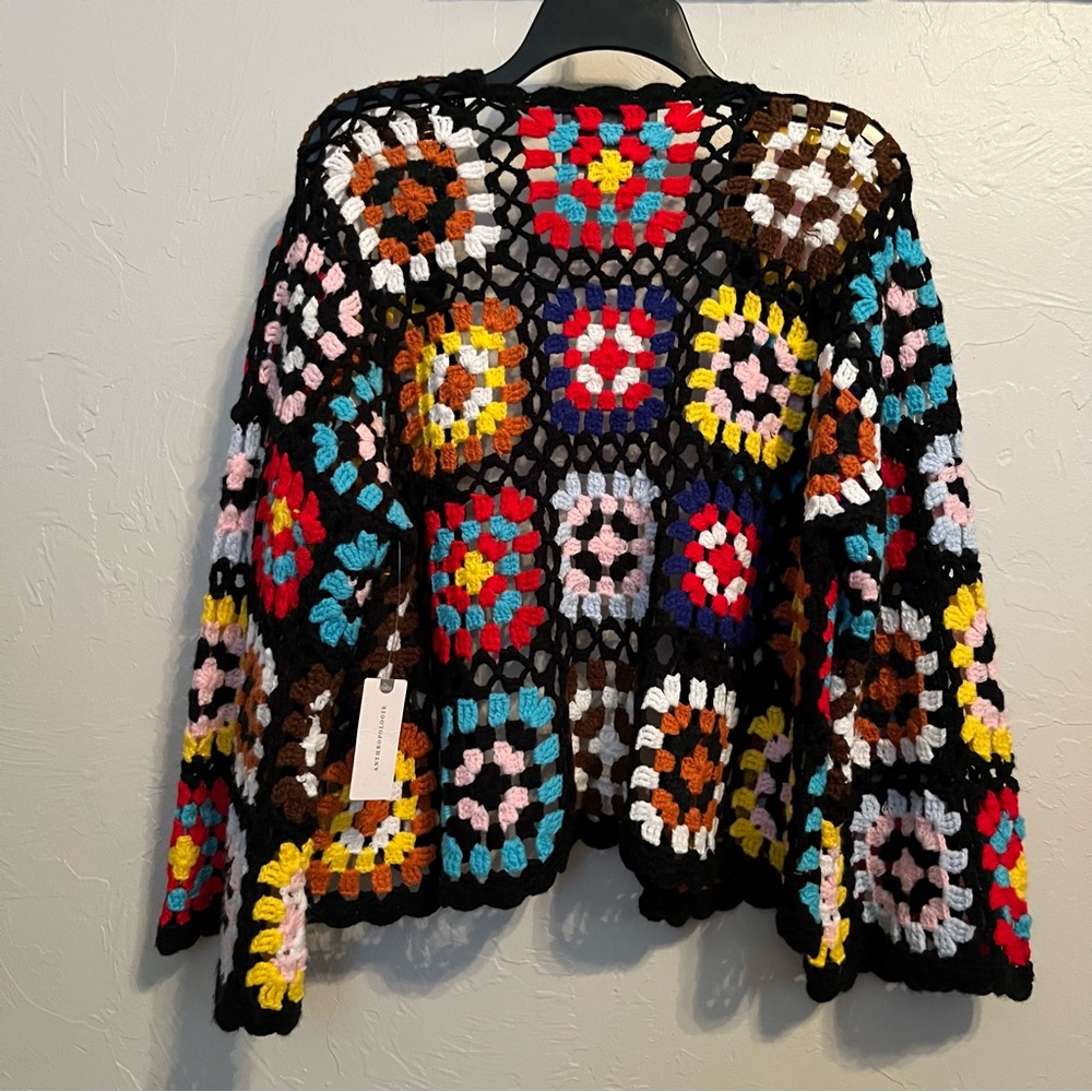 NWT BY ANTHROPOLOGIE Colorblocked Granny Square Crochet Cardigan Black One Size - Picture 7 of 12